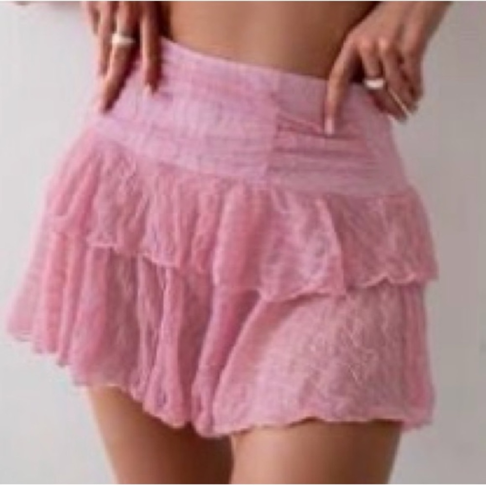 Pink Lace Tiered Mini Skirt